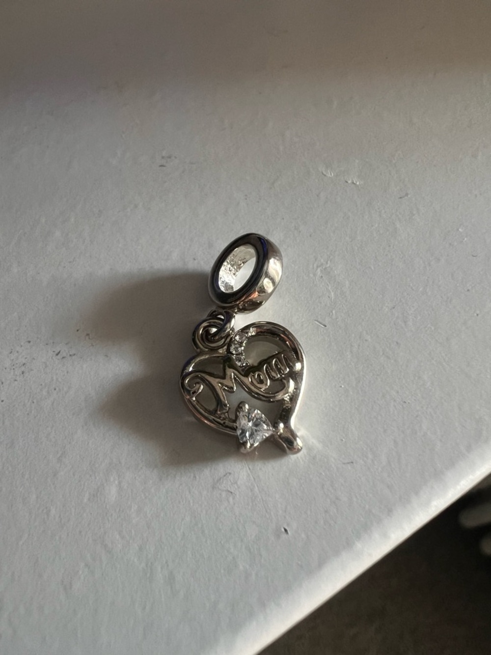 Silver Heart 'Mom' Charm Pendant with CZ Accent